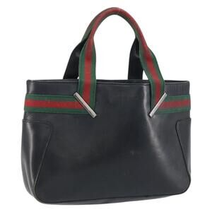GUCCI Web Sherry Line Hand Bag Leather Black Silver 73984 Auth 158386